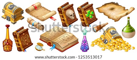 Isometric cartoon royal parchments, book of spells, treasure chests, magical drinks or poisons for computer game on dark background. Isolated vector illustration.