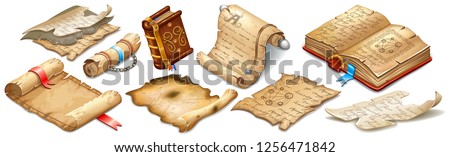 Set isometric books of magic spells and witchcraft, royal scrolls and parchments, old rice paper for computer game. Fairy tale icon in cartoon style. Isolated 3d vector illustration.