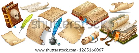 Set isometric books of magic spells and witchcraft, royal scrolls and parchments, old rice paper for computer game. Fairy tale icon in cartoon style. Isolated 3d vector illustration.