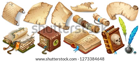 Set isometric books of magic spells and witchcraft, royal scrolls and parchments, old rice paper. Fairy tale icon in cartoon style  for computer game. Isolated 3d vector illustration.