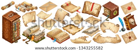 Set isometric books of magic spells and witchcraft, royal scrolls and parchments, old sheets of paper post paper envelope sealed with wax seal for computer game. Isolated 3d vector illustration.
