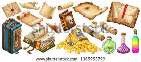 Isometric cartoon royal parchments, rice paper, book of spells, treasure chests, magical drinks or poisons for computer game on white background. Isolated vector illustration.