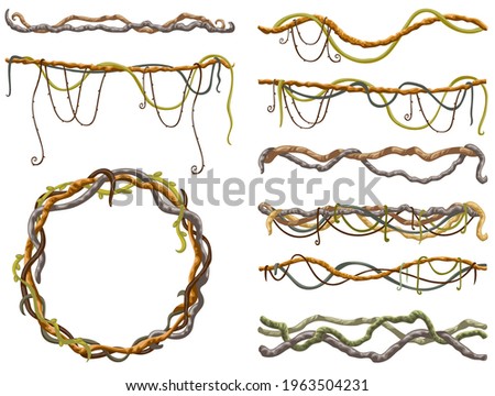 Stems hedera helix, ivy, liana, grapes, vine. Branches tropical creeper. Jungle plants. Isolated game cartoon vector on white background. 