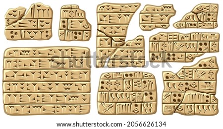 Akkadian cuneiform, assyrian and sumerian writing. Set old scripts alphabet babylon in mesopotamia carved on clay or stone. Language of ancient civilization middle east.