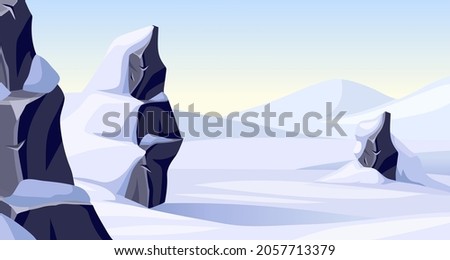 Landscape of old grey stones in snow. Background broken cartoon rocks and snowdrifts. Ice age. Vector crag in winter. Aftermath of natural disaster.