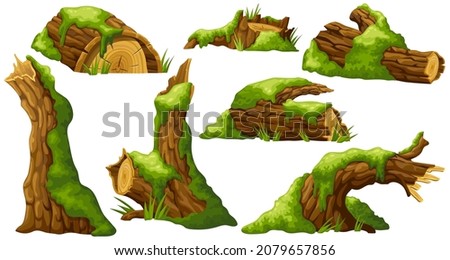Logs, stumps in moss. Cartoon tree in lichen in swamp jungle. Broken oak in tropical damp forest. Set isolated vector element on white background. Stockfoto © 
