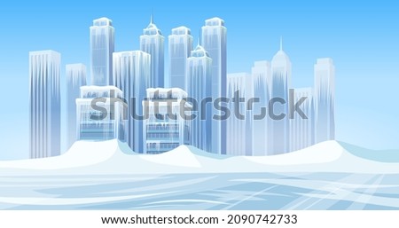 Ice age in modern city. Poster skyscrapers, mountains of snow and buildings. Frozen town after snowfall storm. Aftermath of natural disaster. Cartoon game vector illustration.