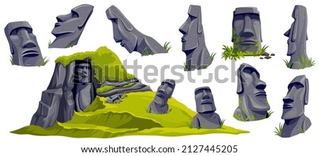 Moai on Easter island or Rapa Nui in cave. Isolated vector cartoon stone sculptures on mountain. Set ancient statue civilizations of atlantis and lemuria.