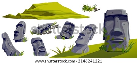 Moai on Easter island or Rapa Nui in cave. Isolated vector cartoon stone sculptures on mountain. Set ancient statue civilizations of atlantis and lemuria.