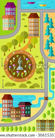 Summer landscape nature, river, environmentally friendly cities. Background for site or game. Flat style vector