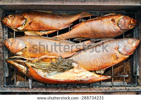 Delicious bloated fishes inside metal smoking box