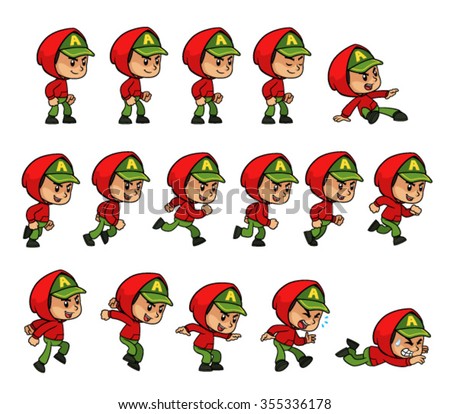 Red Jacket Green Cap Boy Game Sprites
for side scrolling action adventure endless runner 2D mobile game.