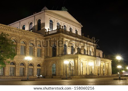 HANOVER, GERMANY - OCTOBER 8 - The Opera House at night on October 8th, 2013. Hanover Opera House was built in neoclassical style between 1845 and 1852 by architect Georg Ludwig Friedrich Laves.