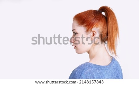 Image, Stock Photo Young Woman Tying Back Hair and Smiling in Bathroom