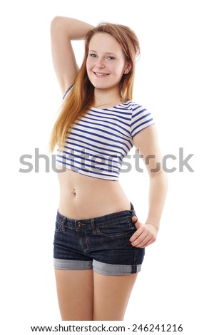Modern Pinup Girl Wearing Hot Pants And Stripy Belly Top 246241216 Modern Pinup Girl Wearing Hot Pants And Stripy Belly Top 246241216