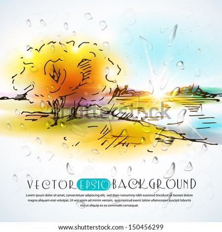 Autumn landscape with rain drops.The illustration contains transparency and effects. EPS10