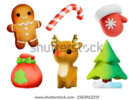 Christmas decor - gingerbread, candy, mitt, gift bag, deer and Christmas tree. 3 d realistic illustration in cartoon style. Vector.