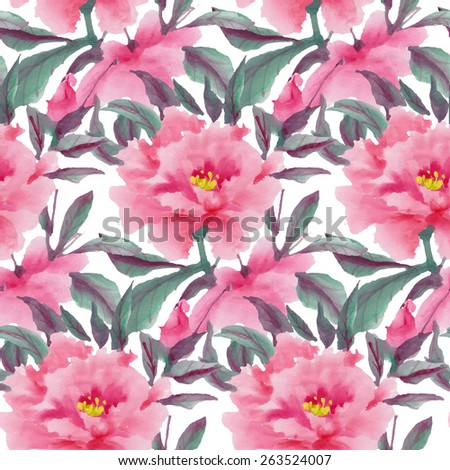 Seamless pattern with watercolor flowers. Pink peony. Vector illustration.