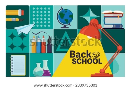 Back to School Sale concept. Welcome to school poster template Brigt Red desk lamp and other school stuff objects in vector placed  in square blocks. Trendy  poster on educational theme.
