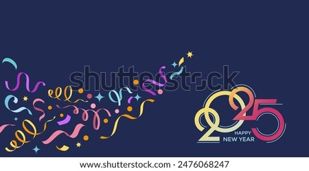 Creative Design to 2025 Happy New Year Celebration Concept, Banner with a Variety of colorful confetti and 2025 Logo text design