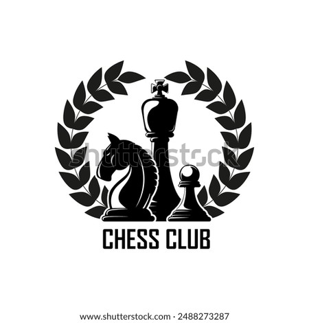 Chess Club emblem concept. Chess pieces king, knight and pawn pieces, on a white. Black and white vector illustration