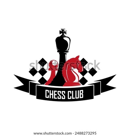 Chess Club emblem concept. Chess pieces king, knight and pawn pieces, on a white. Black and white vector illustration