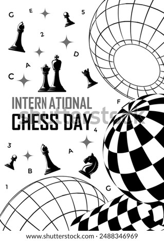 International Chess Day Poster Template using y2k elements, surreal geometric shapes, and Chess pieces, Knight, Queen, King and Pawn. Vector Illustration.