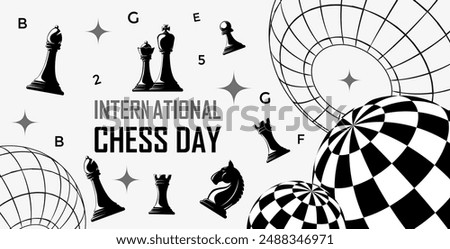 International Chess Day Poster Template using y2k elements, surreal geometric shapes, and Chess pieces, Knight, Queen, King and Pawn. Vector Illustration.