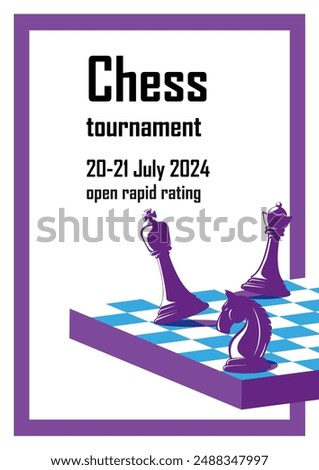 Chess Tournament Announcement template. Knight, Queen and King on a chessboard. Vector Illustration.