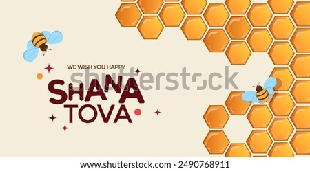 Happy Rosh Hashanah, Jewish New Year Holiday Greeting card or banner template. Honey Jar, apple and honey combs symbols of traditional jewish New Year