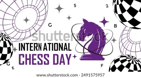 International Chess Day Poster Template using y2k elements, surreal geometric shapes, and Chess pieces, Knight, Queen, King and Pawn. Vector Illustration.