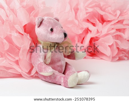 Pink teddy bear and paper decor, pom-pom
