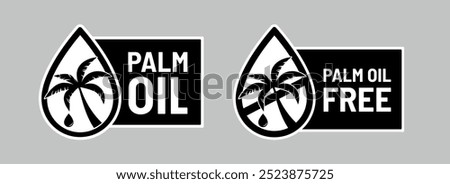 Palm oil fruits and Palm leaf behind big bottle of palm oil against white background. Organic Fat Vegetarian cooking oil concept. Vector signs for packaging design.