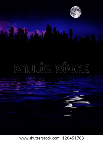 Moonrise over pine trees in the mountains reflected in lake