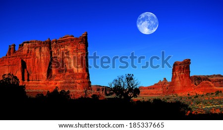 Silhouette of bush and hill in Arches National Park with full moon