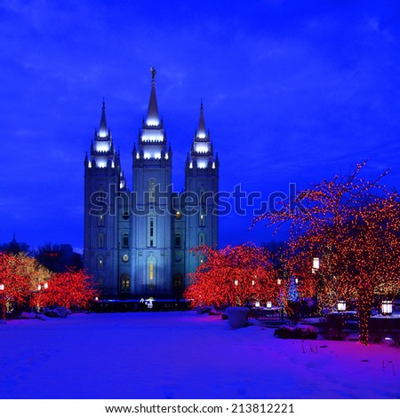 Salt Lake City Temple Square Christmas Lights on Trees and Steeples