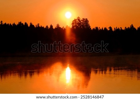 Image, Stock Photo fog rises over river in dark summer evening. Reeds and water lilies in foreground, bridge in distance. Dull boring sky. Beautiful moody night time