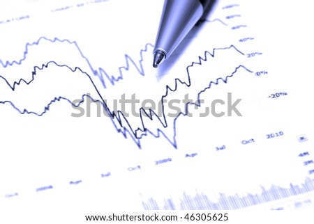 Closeup of stock chart showing gains or regbound with pen