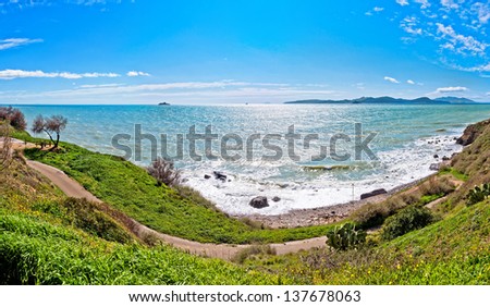 panoramic wide view of sea and coastline in Piombino, Tuscany - Italy