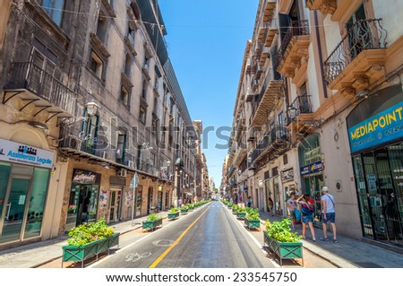 PALERMO, ITALY - AUGUST 16, 2014: day view of Via Macheda downtown street in Palermo, Sicily, Italy. Palermo is the main Sicilian industrial and commercial center.