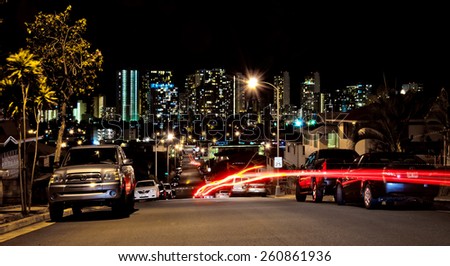 HONOLULU, HI, USA - August 28, 2013: night view of urban skyline in Honolulu, Oahu, Hawaii. Honolulu is the state capital and the most populous city in the U.S. state of Hawaii.