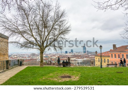 LYON, FRANCE - DECEMBER 6, 2014: panoramic viewpoint and downtown in Lyon, France. Lyon is the capital of the Rhone-Alpes region and France\'s third largest city after Paris and Marseille
