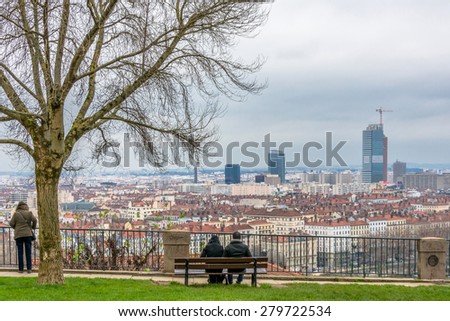 LYON, FRANCE - DECEMBER 6, 2014: panoramic viewpoint and downtown in Lyon, France. Lyon is the capital of the Rhone-Alpes region and France\'s third largest city after Paris and Marseille.
