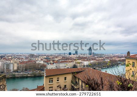 LYON, FRANCE - DECEMBER 6, 2014: panoramic day view of downtown in Lyon, France. Lyon is the capital of the Rhone-Alpes region and France\'s third largest city after Paris and Marseille