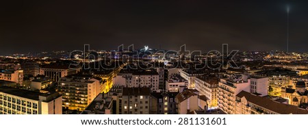 LYON, FRANCE - DECEMBER 6, 2014: panoramic night view of downtown in Lyon, France. Lyon is the capital of the Rhone-Alpes region and France\'s third largest city after Paris and Marseille