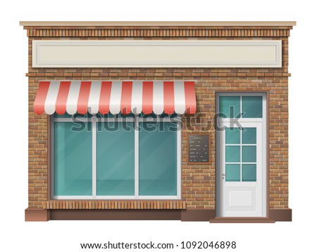 Brick small store building facade with big window and awning. Vector 3d realistic style.