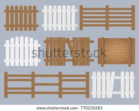 Vector set of wooden fence different forms and color. Isolated detailed design elements.