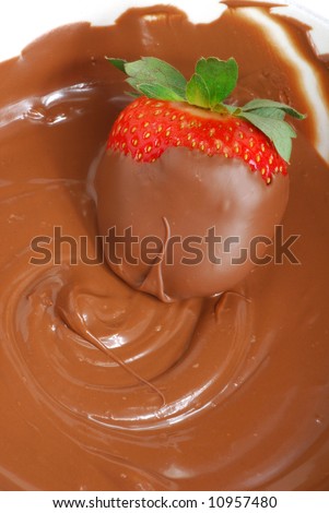 Strawberry covered with chocolate on freshly melted chocolate