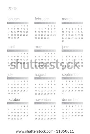 2008 White Background Gregorian Calendar With Days And Dates Stock 