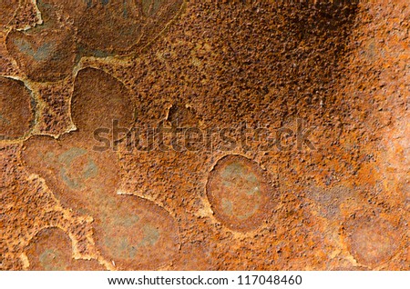 Grunge rusty sheet of metal steel tin. Natural outdoor corrosion. Abstract background detail.